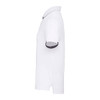 A white men's performance polo shirt with a contrasting collar and cuffs, featuring a logo.