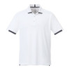 A white short sleeve polo shirt featuring dark accents and a branded logo on the chest.