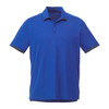 A blue short sleeve performance polo shirt with contrasting collar and sleeve details. It features a logo.