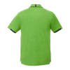 A green short sleeve performance polo shirt with a black trim and a logo on the back.