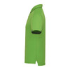 A green short sleeve performance polo shirt featuring a collar and a logo on the front.
