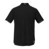 A black short sleeve performance polo shirt with contrasting grey accents and a logo on the back.