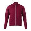 A maroon full zip performance jacket with thumb holes and a logo. Features a sleek design and ribbed shoulder detailing.