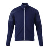 A navy performance jacket with a full zip and thumb holes, featuring a subtle textured design and a logo.