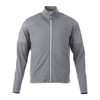 A grey full zip performance jacket with thumb holes, featuring a logo and textured detailing.