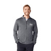 A men's half zip jacket in dark grey with a logo on the chest, featuring a performance knit design.
