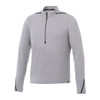 A grey half-zip long sleeve jacket with black accents and a logo. Suitable for performance activities.