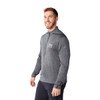 A smiling man wearing a grey eco-knit performance half zip jacket with a logo on the sleeve.