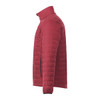 A lightweight packable insulated puffer jacket in deep red, featuring a side zip pocket and a high collar.
