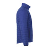 A blue men's lightweight packable insulated puffer jacket displayed from the side, featuring a collar and zippers.