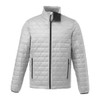 A light grey insulated puffer jacket with a zip front and two side pockets. Features a collar and branding.