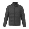 A black lightweight packable insulated puffer jacket with a full zip and high collar, featuring side pockets.