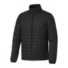 A lightweight, packable black insulated puffer jacket with a zip front and side pockets. It features a collar and a logo.