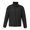 A black insulated puffer jacket with a zip front, featuring a high collar and side pockets.