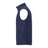 A navy lightweight packable insulated puffer vest with a high collar and a side zip pocket.
