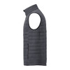A men's lightweight packable insulated puffer vest in dark grey, featuring a side zipper pocket and a high collar.