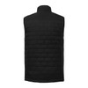 A black insulated puffer vest with a textured pattern and a high collar. Includes a branding logo.