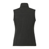 A dark grey women's softshell vest with a high collar and a fitted design, featuring a logo on the back.