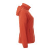 A women's packable jacket in vibrant orange with a hood and side pockets. It features a logo on the front.