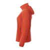 A packable women's jacket in bright orange, featuring a hood and side pockets, with a logo visible.