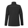 A black women's softshell jacket with a high collar and long sleeves, featuring back seam detailing and a logo.