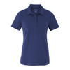 A navy polo shirt with short sleeves, featuring a collar and three buttons, and includes a logo.