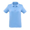 A women's polo shirt in light blue with a classic collar, short sleeves, and a logo on the chest.