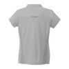 A grey women's performance polo shirt featuring short sleeves and a hidden logo on the back.