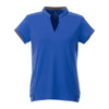 A blue women's polo shirt featuring short sleeves, a V-neck, and a contrasting collar. It has a logo.