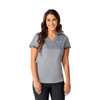 A grey short sleeve women's polo shirt with a collar and logo on the front.