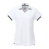 A women's short sleeve performance polo in white with grey accents and a v-neck design, featuring a logo.