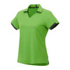 A green short sleeve performance polo shirt with contrasting trim and a logo.