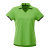 A green women's polo shirt with short sleeves and a V-neck, featuring a contrasting trim. It has a logo.