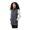 A lightweight packable insulated puffer vest in grey, featuring a high collar and pockets, worn with a grey long-sleeve top.
