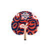 A peach-shaped wooden paper fan with vibrant red and blue abstract designs, featuring a logo on the front.