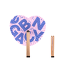 A heart-shaped wooden paper fan features a pink background with large blue text and natural wood sticks.