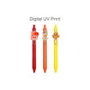 A set of three custom acrylic pens in red, orange, and yellow, each featuring a different graphic and a logo.