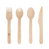 A set of wooden cutlery including forks, spoons, and knives, all in a natural wood colour. The cutlery features a logo.
