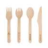 A set of disposable wooden cutlery including forks, spoons, knives, and a 2-in-1 spoon and fork, all in natural wood colour.