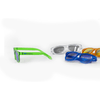 A collection of summer sunglasses in green, blue, clear, and orange, featuring a logo on one pair.