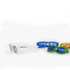 A pair of white sunglasses and three additional pairs in blue, green, and orange, each with blue lenses.