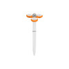 A fidget pen in white with orange accents and three circular toppers on the top. It features a logo.