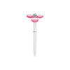 A fidget pen in white with pink accents, featuring a spinning top design and a silver accent. It has a logo.