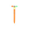 An orange fidget pen with a spinning top feature and three coloured buttons: green, yellow, and orange. Includes a logo.