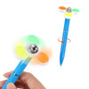 A fidget pen with a blue barrel and a flower-shaped spinner on top, featuring green, yellow, orange, and white elements.