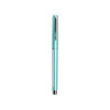 A teal pen with a silver clip and cap, featuring a sleek design and shiny finish.