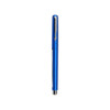 A blue promotional pen with a shiny silver clip and a sleek design. It includes a logo on its body.