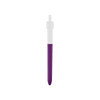 A purple and white click pen with a sleek design and a logo on the barrel.