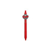A red PVC pen featuring a clip and a logo at the top. The pen has a smooth, sleek design.