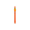 An orange pen featuring a carrot-shaped clip design and a branding logo.